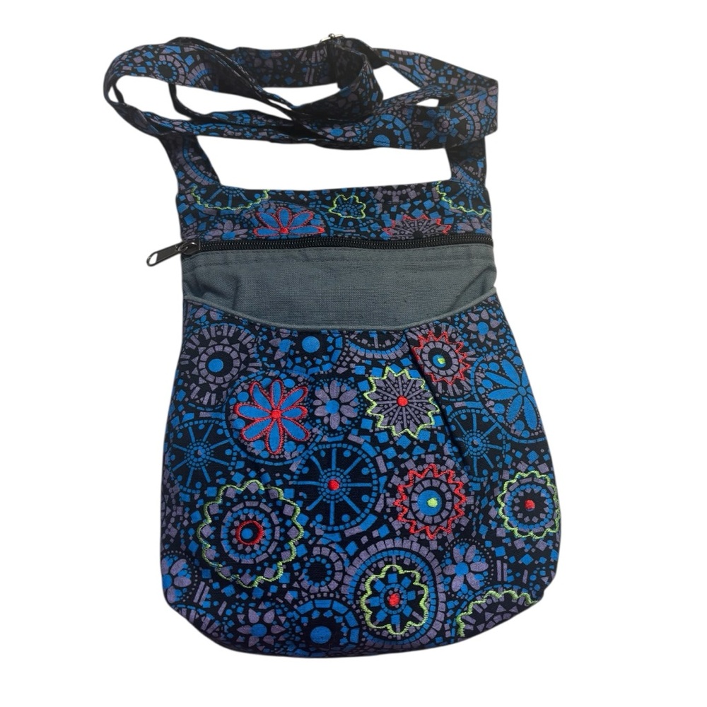 Nepal Crossbody Bag Boho Floral Pattern Black Blue Grey 100% Cotton Fabric